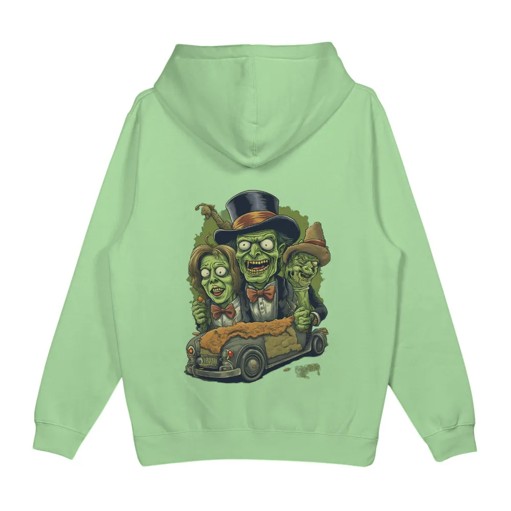 T-Shirts Design: Zombie Friends in Vintage Car - Funny & Quirky| Zombies with a top hat and bow tie