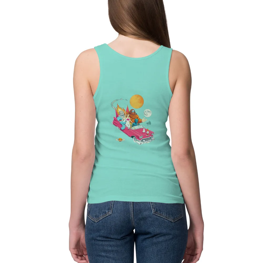 Shirts Graphic Tees: Intergalactic Journey on a Pink Cadillac| Woman in white dress with heart emblem