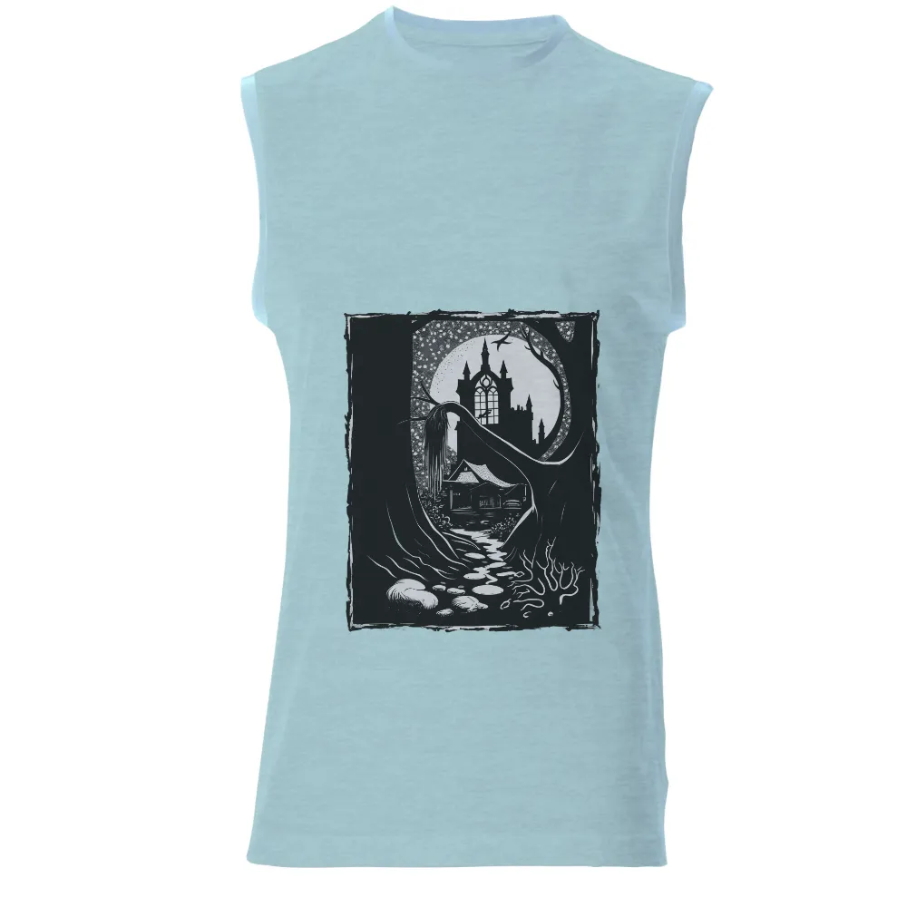 Custom Tee Shirts: Ghostly Beauty in the Moonlit Forest|Ghostly woman in the forest