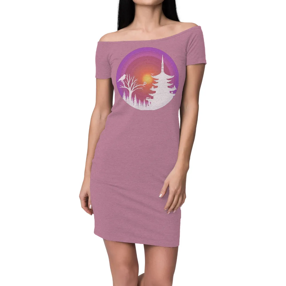 T-Shirt Printing: Serene Pagoda Sunset - Artistic Design| vibrant sunset