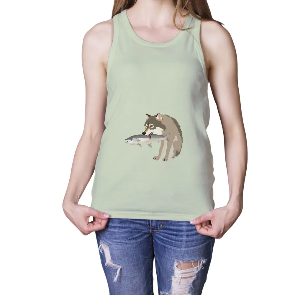 Tee Shirts Printed: Luna's Catch - Wolf and Salmon Art|endor forest summer camp shirt