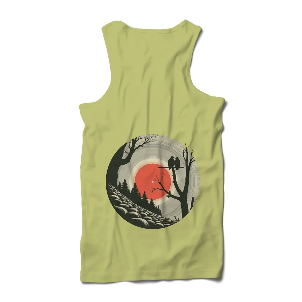 T-Shirt Printing: Serene Red Sun and Birds Silhouette | Artistic Design| sparse trees