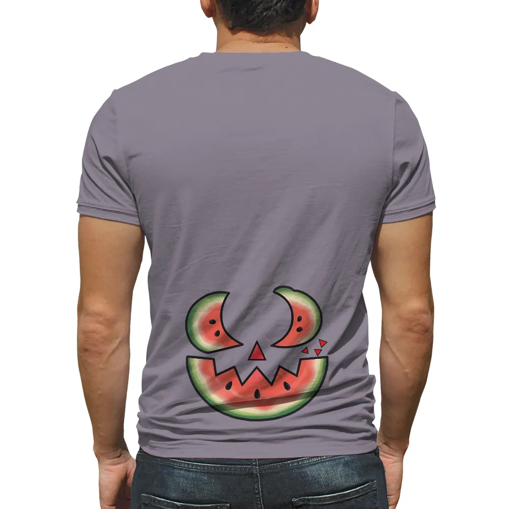 Custom Tee Shirts: Watermelon Jack-O-Lantern - Funny Halloween Design| black background with vibrant watermelon