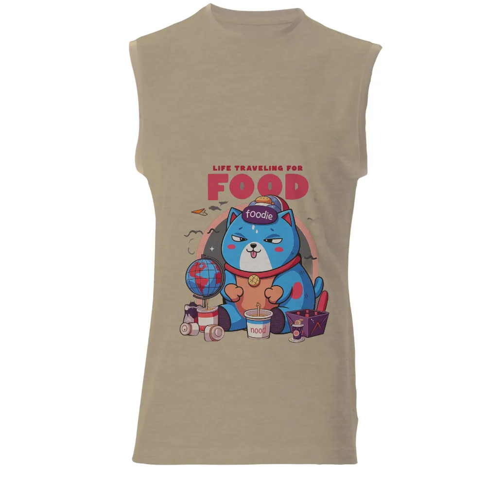 Tee Shirt Printing: Life Traveling for Food - Globetrotting Foodie Design| Blue cat surrounded by snacks