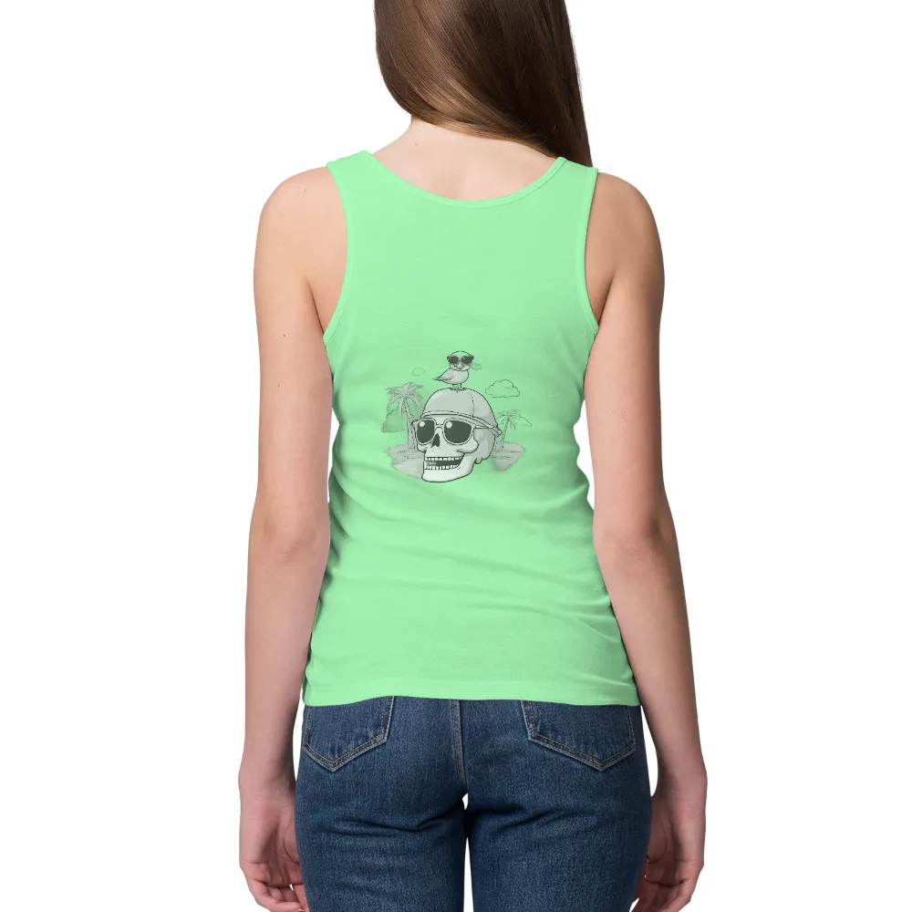 TShirt Design: Whimsical Skull with Sunglasses and Bird| Palm trees