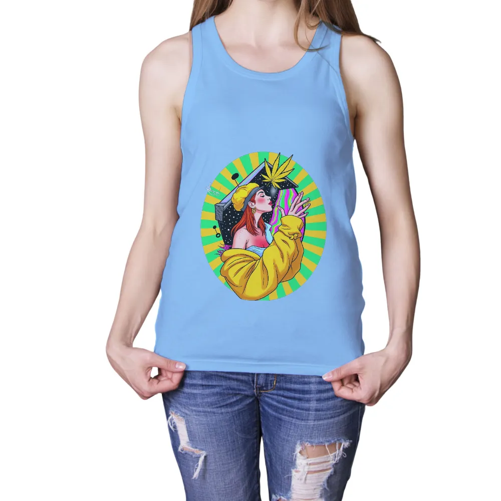 T-Shirts Design: Psychedelic Journey with Retro Rainbow and Cannabis Leaf| reaching out to touch a rainbow