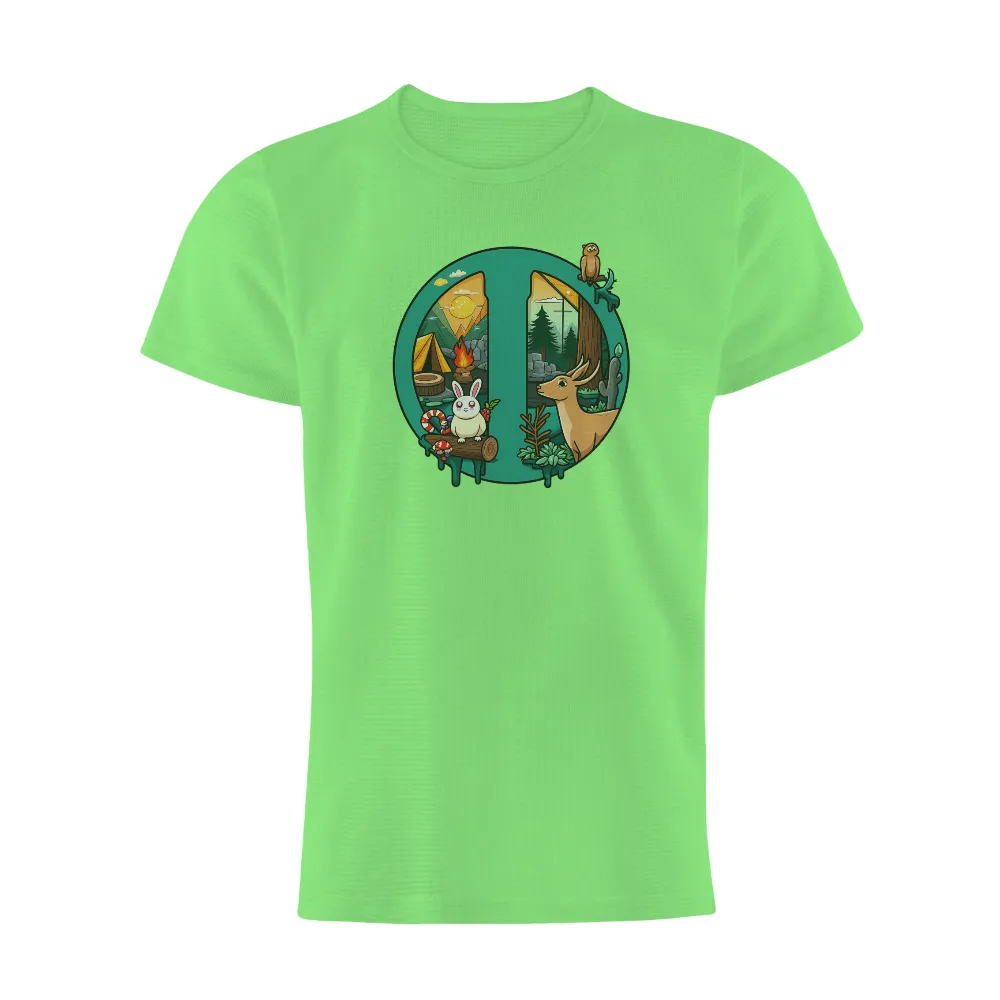 Customized Tee Shirts: Camping Adventures with Nature's Friends| Tent and campfire