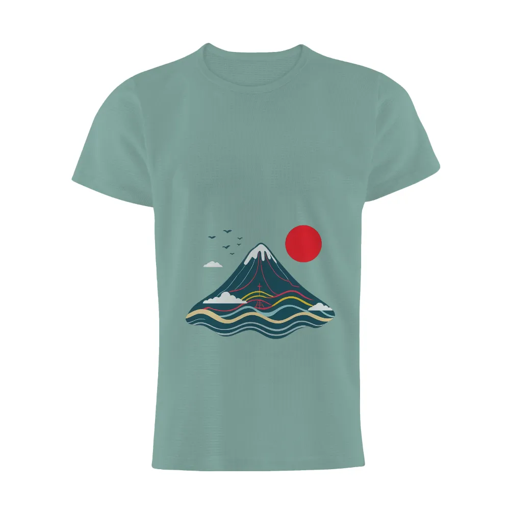 Tee Shirt Printing: Mount Fuji and the Red Sun - Artistic T-Shirts| Bright red sun rising above