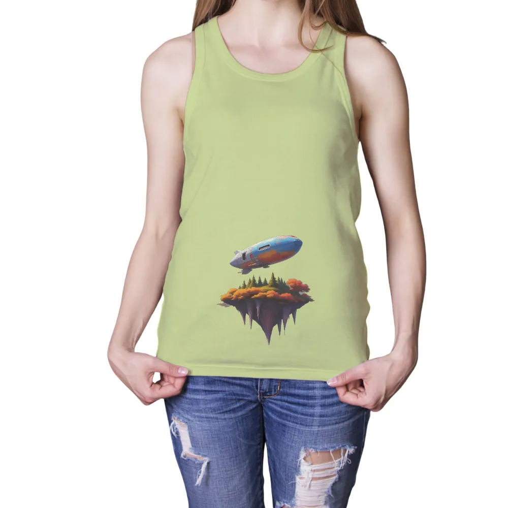 T-Shirt Printing: Explore the Fantasy World with Futuristic Airship Design| lush foliage