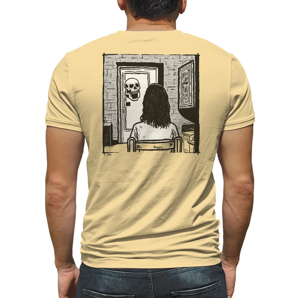 T-Shirts Design: Confronting Fear with a Skull in the Dark Room|dark room