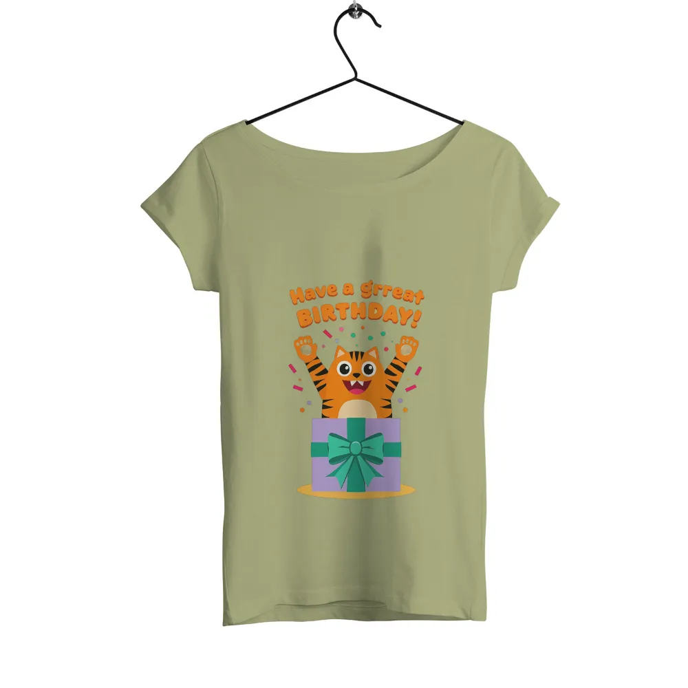 Customized Tee Shirts: Spread Birthday Cheer with a Joyful Tiger Design|Cheerful tiger leaping out of a gift box