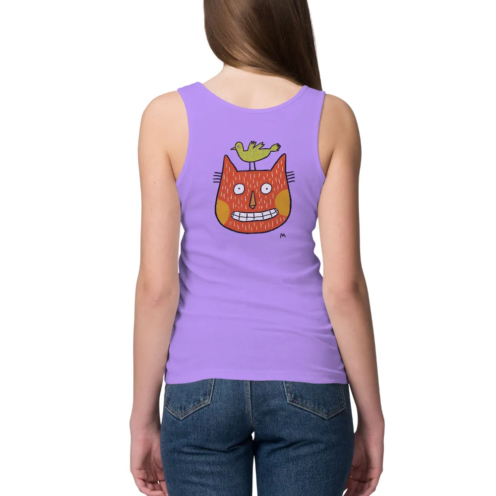 TShirt Printing: Whimsical Orange Cat with Green Bird - Artistic Design| Whimsical T-shirt design