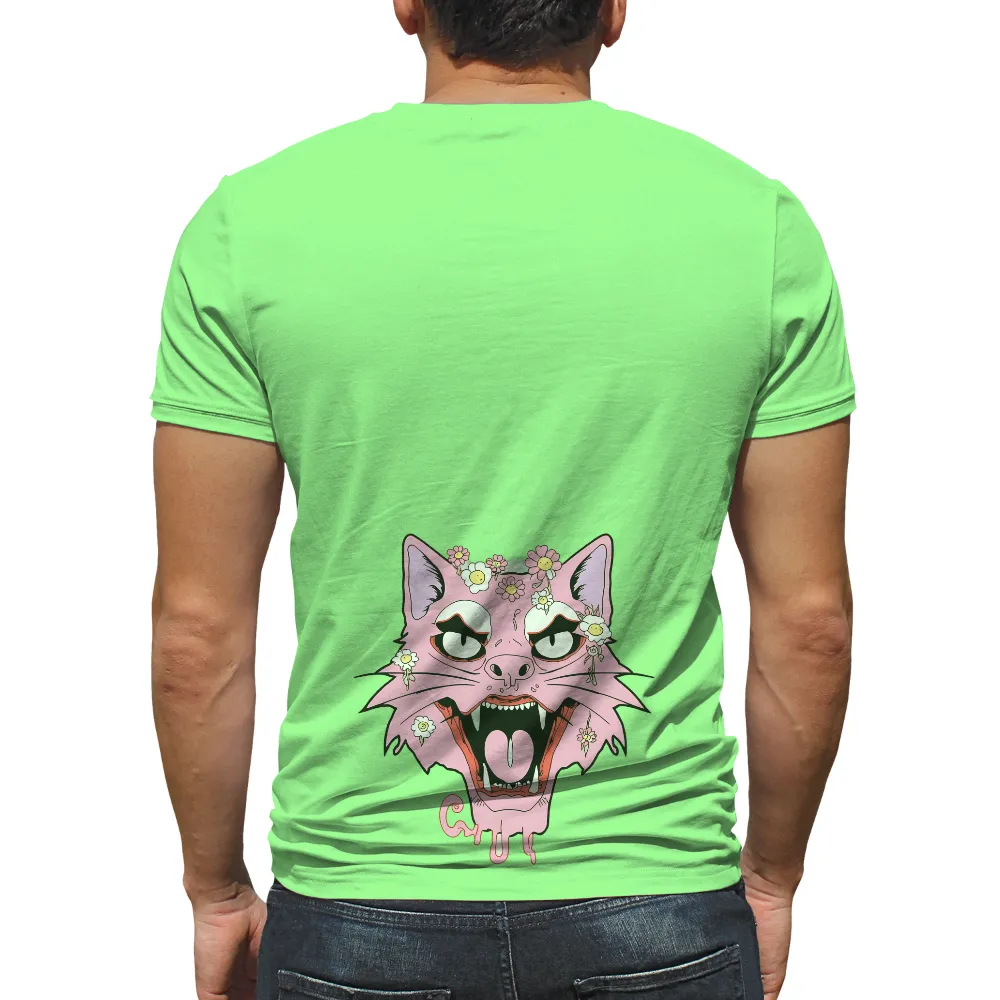 Custom T-Shirt Printing: Pink Cat with Flowers - Artistic Design| peaceful moments