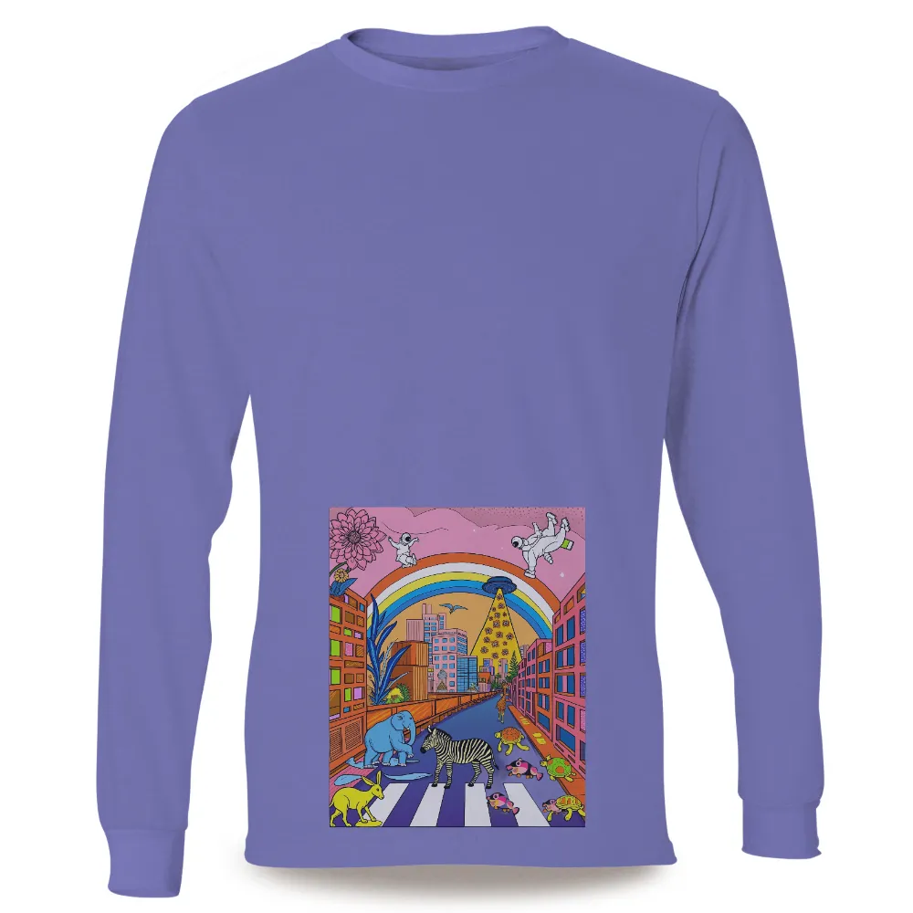 Tee Shirts Printed: Surreal Cityscape with Animals and Astronauts| pyramid with a UFO