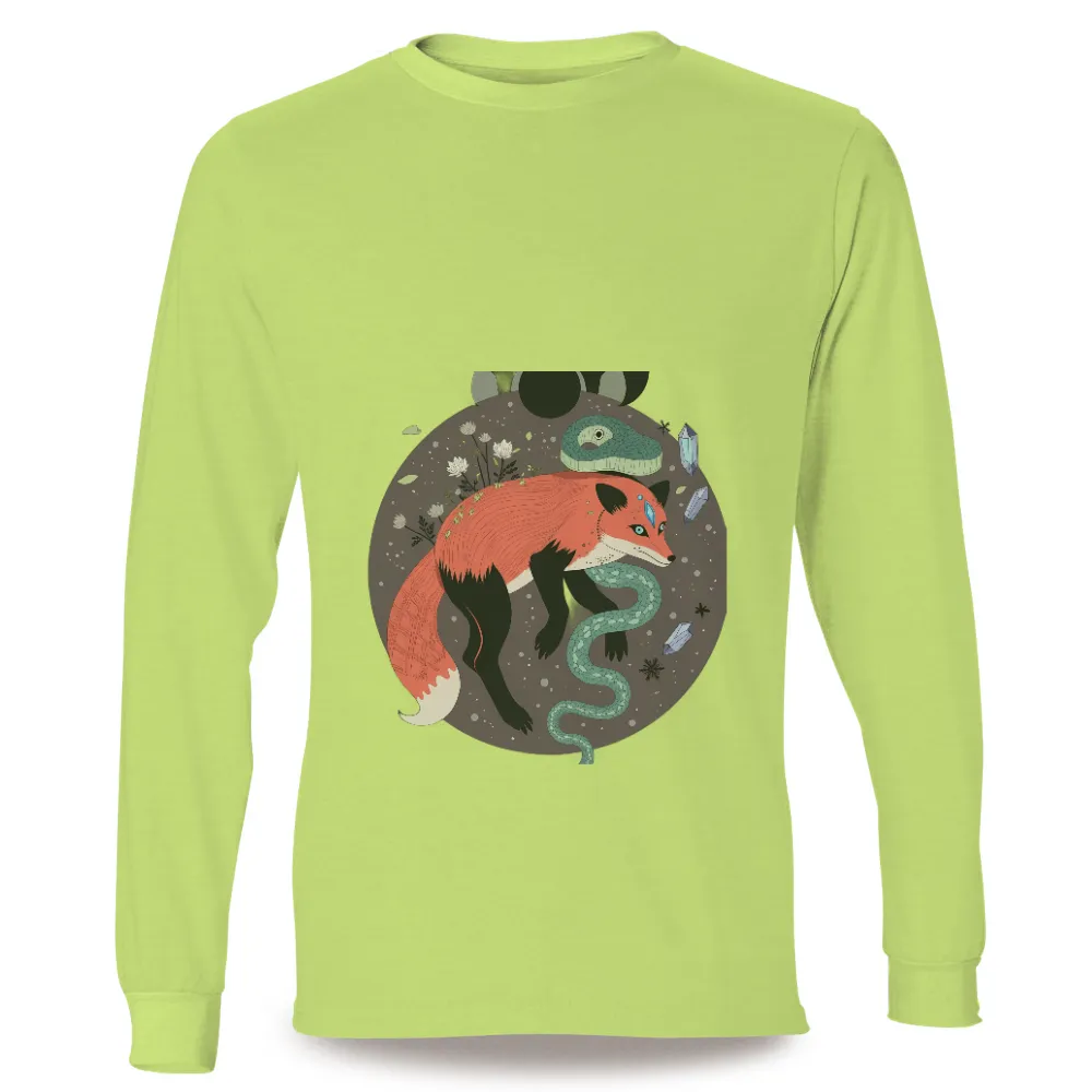 T-Shirts Design: Mystical Fox and Snake - Nature's Harmony|Vibrant red fox