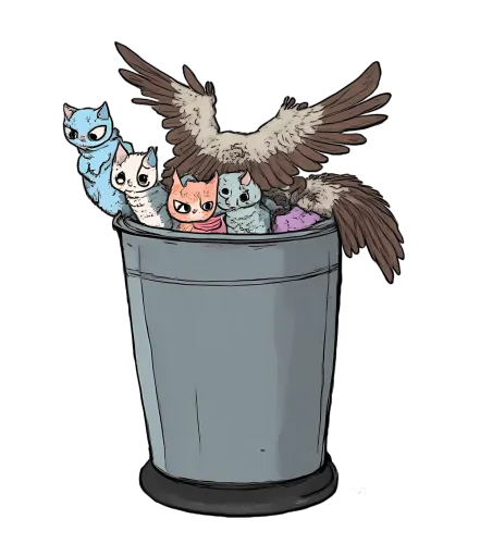 TShirt Printing: Whimsical Friendship | Owl & Kittens in a Trash Can