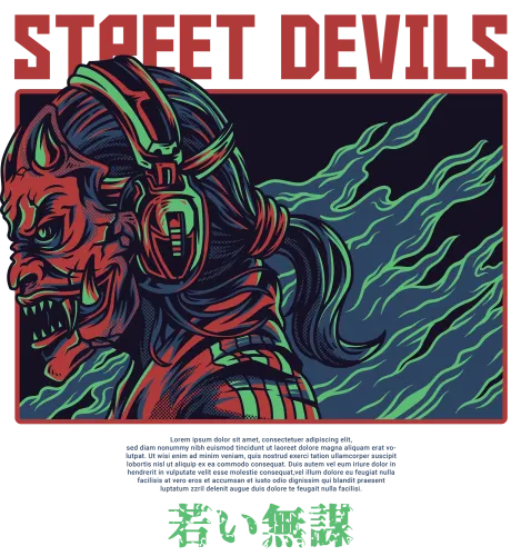 Street Devils: Graphic Tees - Cyberpunk Oni with Headphones