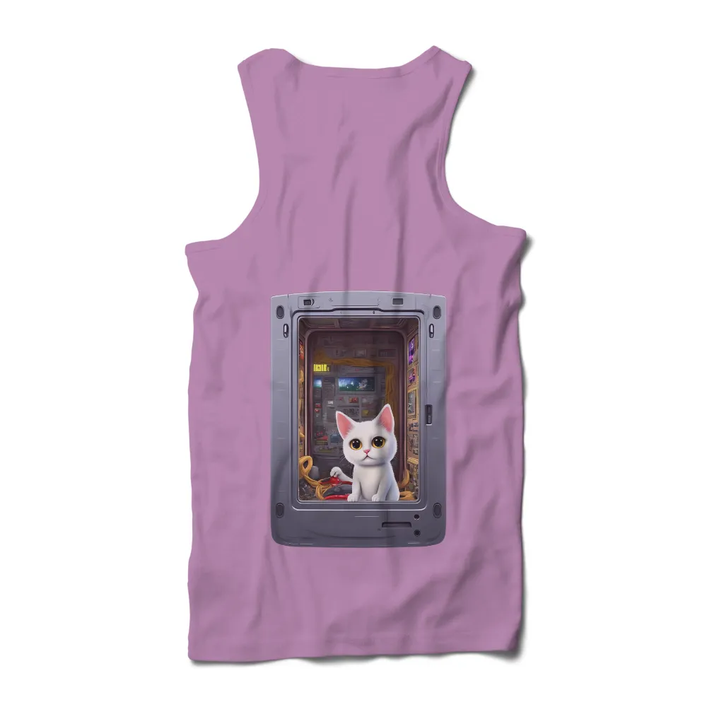 Graphic Tees: White Cat in a Retro Computer - Nostalgic Digital Realm| classic video games