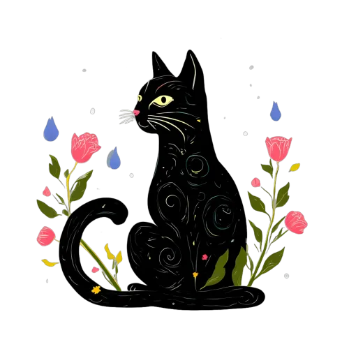 Customized Tee Shirts: Black Cat Among Pink Roses - Artistic Design