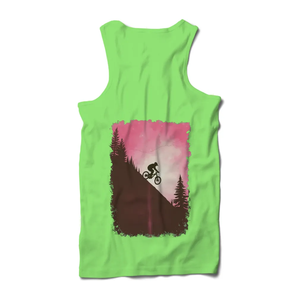 Customized Tee Shirts: Mountain Biking Adventure in Pink Sky|Mountain biker in mid-air