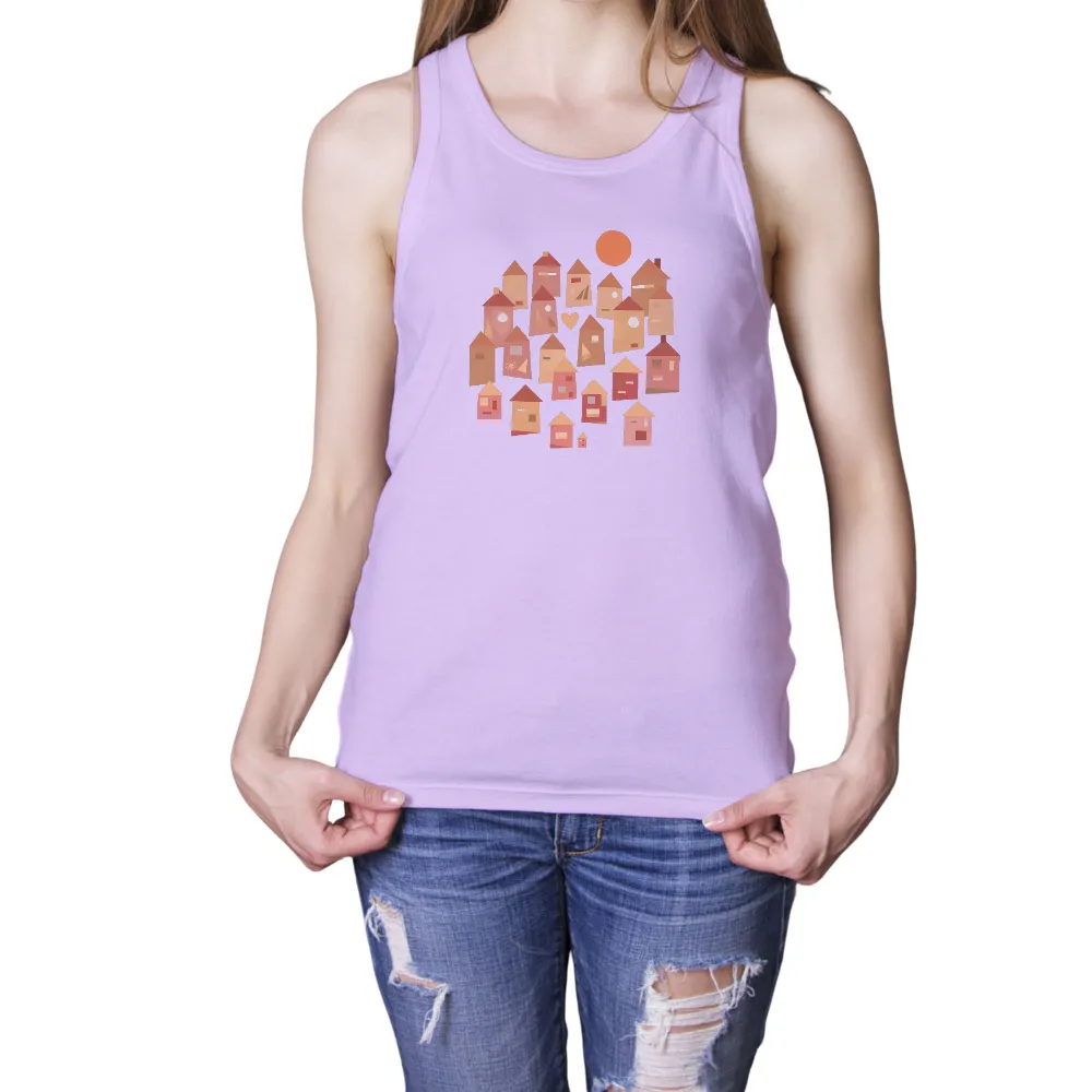 Custom Tee Shirts: Whimsical Village of Love and Unity|sunset t