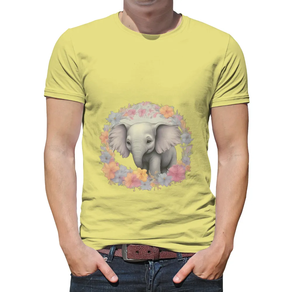 TShirt Printing: Baby Elephant in Floral Wreath - Life & Growth| Pastel-colored flowers surrounding an elephant