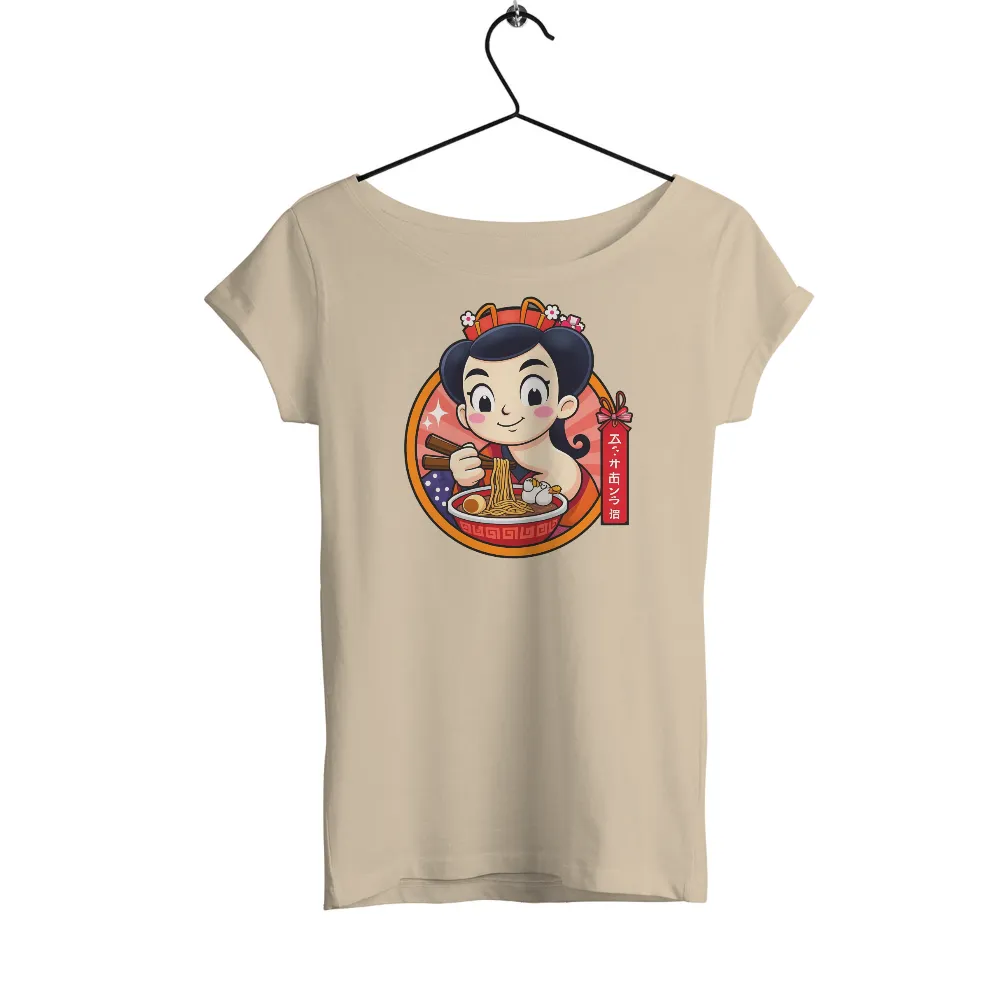 T-Shirts Pattern: Sakura's Noodle Shop Adventure| red and orange gradient background