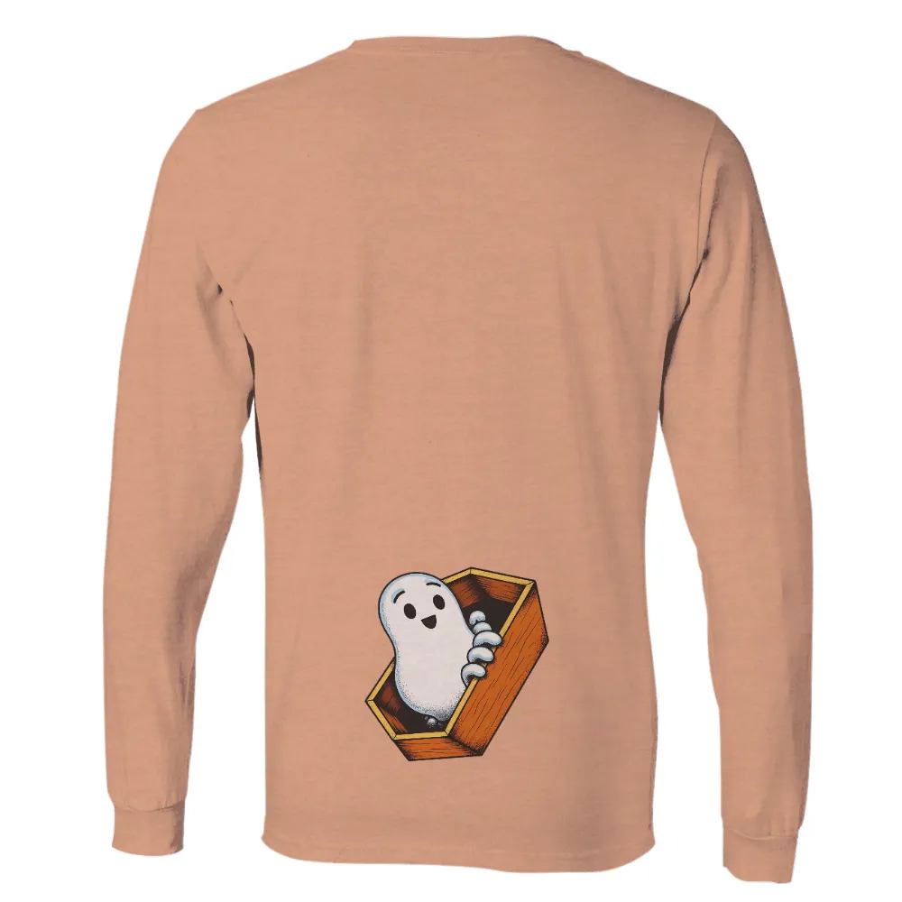 Tee Shirt Printing: Whimsical Ghost Emerging from Coffin| Mischievous ghost holding coffin edge