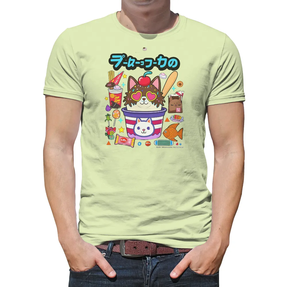 T-Shirt Printing: Whimsical Cat Ice Cream Sundae Design| black background