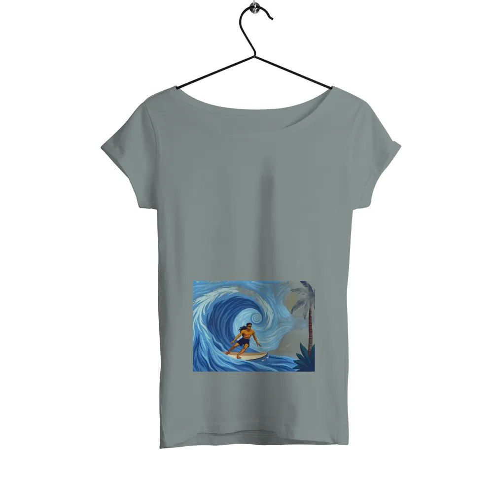 Tee Shirt Printing: Surfer Riding the Wave Under the Moon| swirling lines