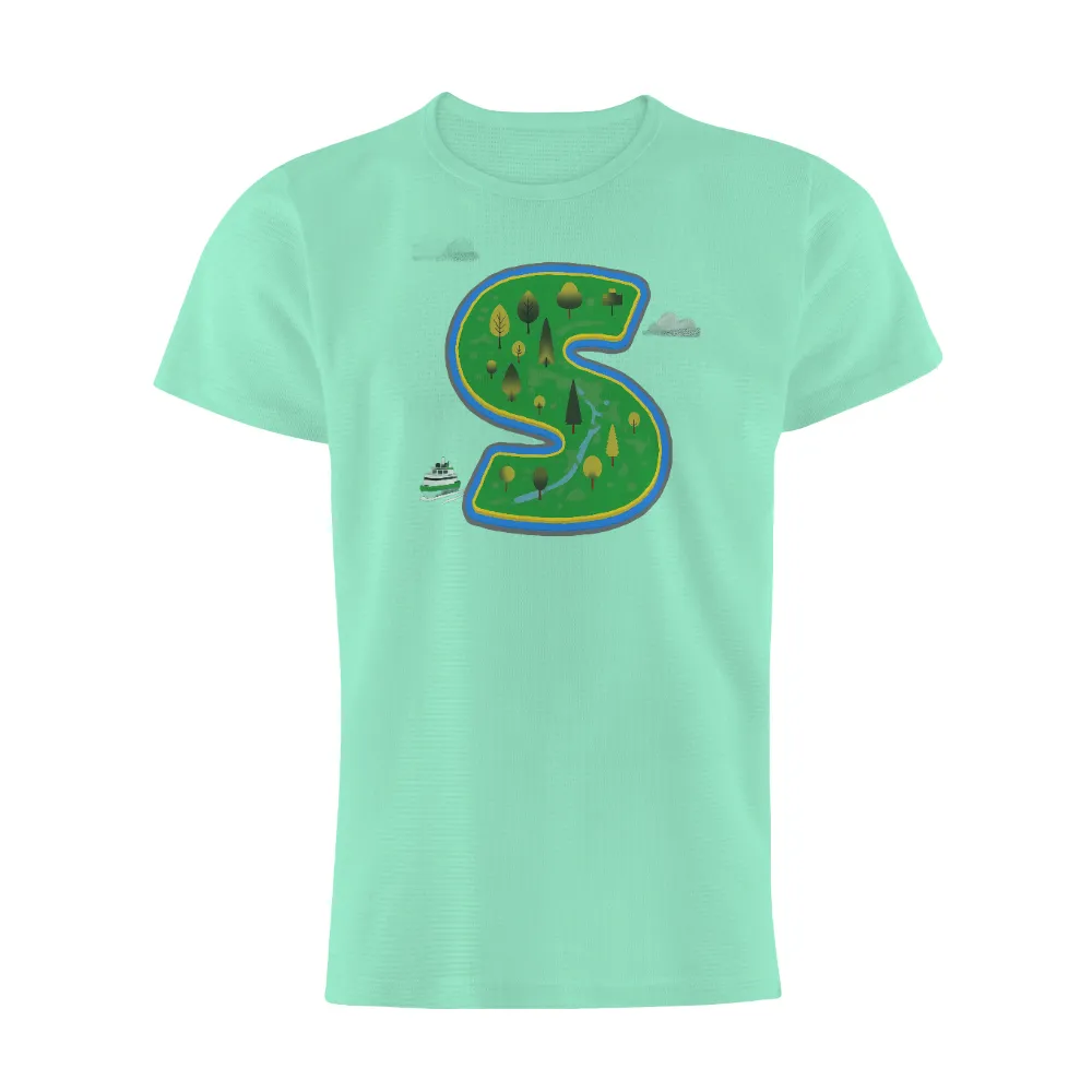 Custom Tee Shirts: Whimsical Landscape of Letter 'S'| Boat on the left side