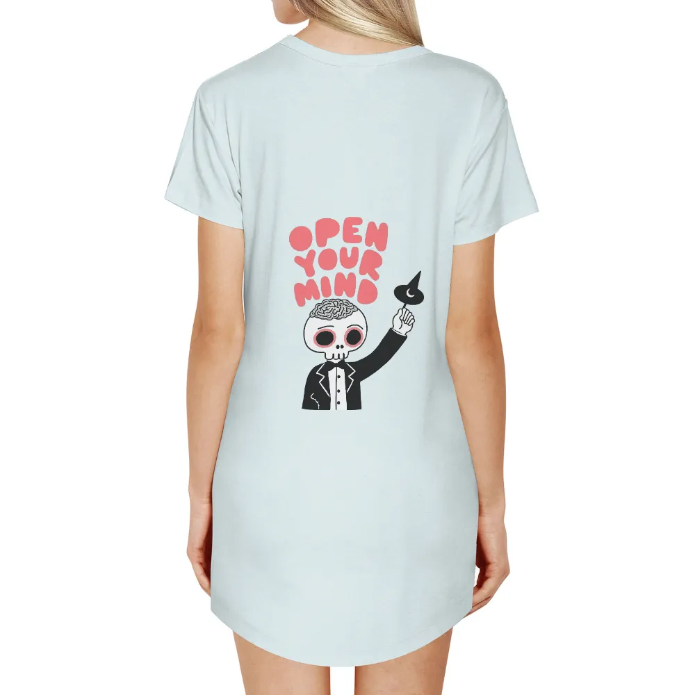 Graphic Tees: Open Your Mind - Whimsical Skeleton Design|Whimsical skeleton in a tuxedo