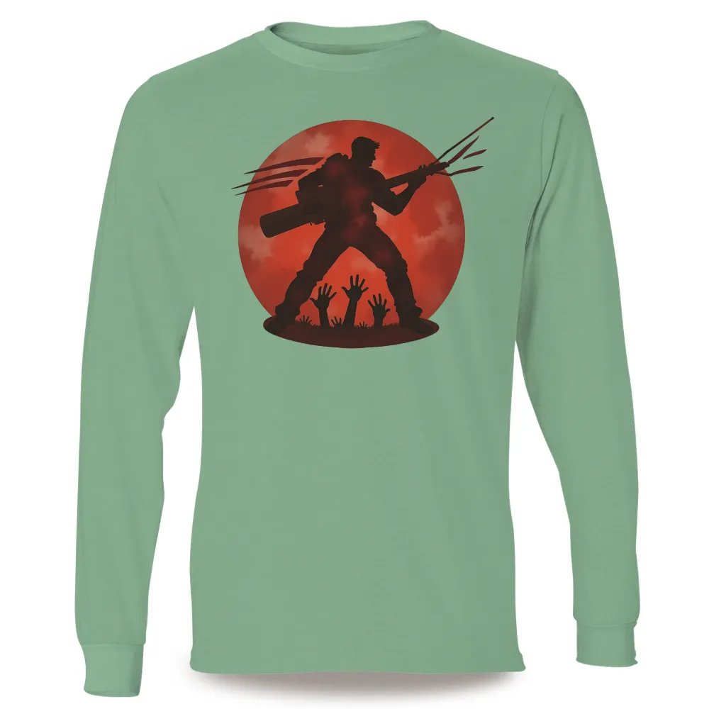 Custom Tee Shirts: Defiant Survivalist Against Red Moon|Muscular figure with chainsaw and shotgun