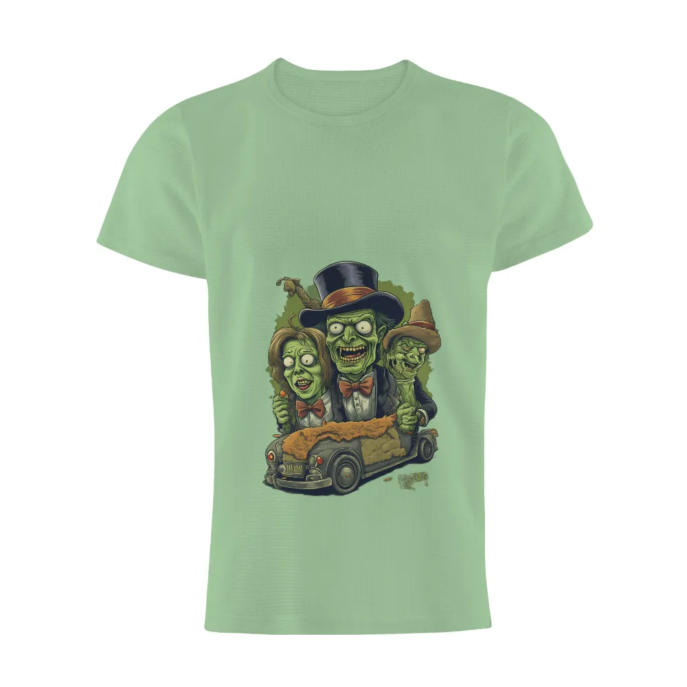 T-Shirts Design: Zombie Friends in Vintage Car - Funny & Quirky| Zombies with a cowboy hat