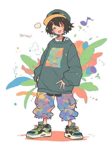 Anime character in green hoodie and colorful pants - baggy clothes anime