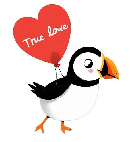 Shirts Graphic Tees: True Love Puffin with Heart Balloon