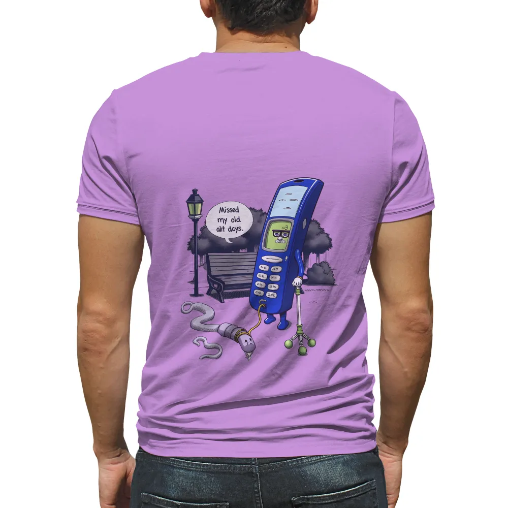 T-Shirts Pattern: Nostalgic Old Mobile Phone in Vintage Style| sad expression