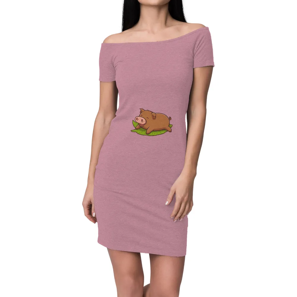 T-Shirts Design: Percy the Happy Pig Resting on a Leaf| joyful pig on a leaf