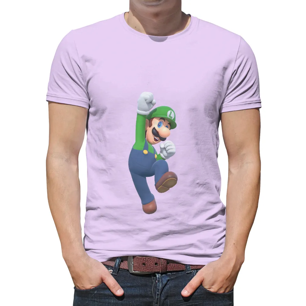 Custom T-Shirt Printing: Luigi's Triumphant Leap - Gaming Nostalgia|super mario t shirt varsity