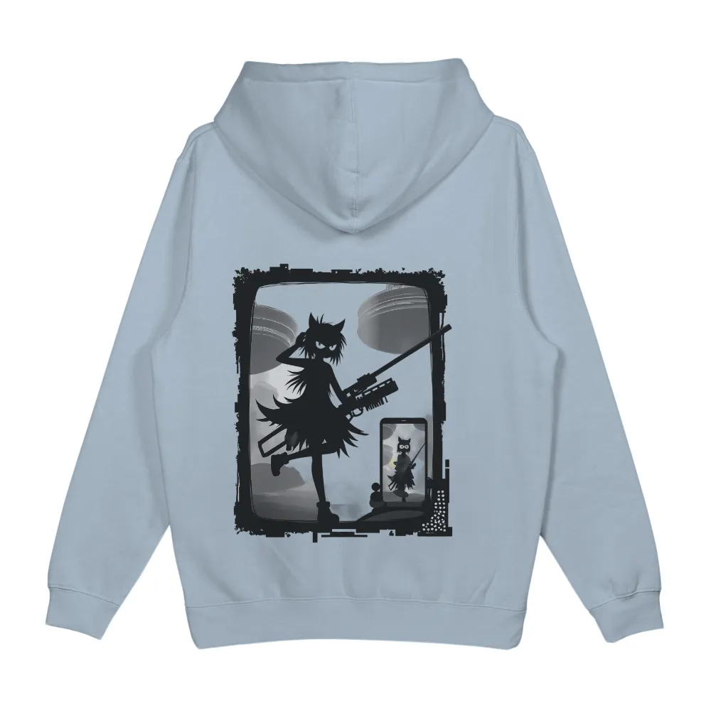 T-Shirts Custom: Shadowy Figure with Rifle - Artistic Design| smartphone display