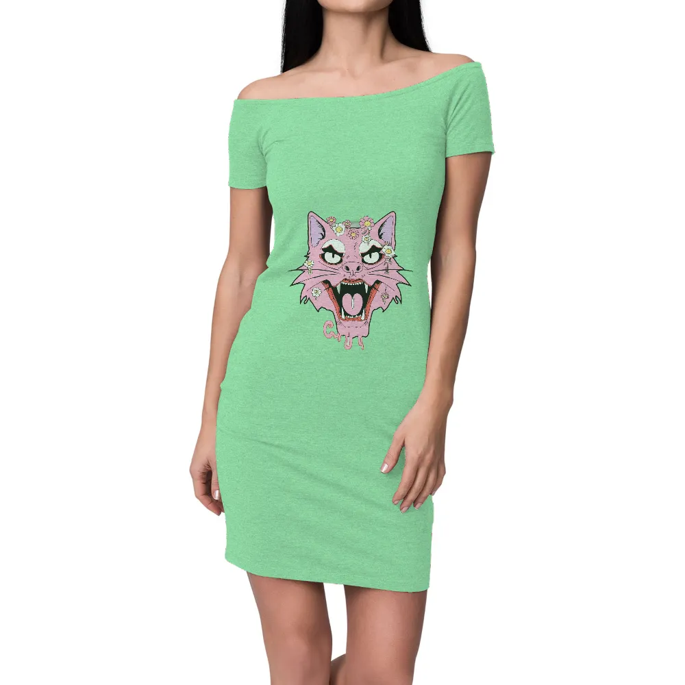 Custom T-Shirt Printing: Pink Cat with Flowers - Artistic Design| delicate flowers