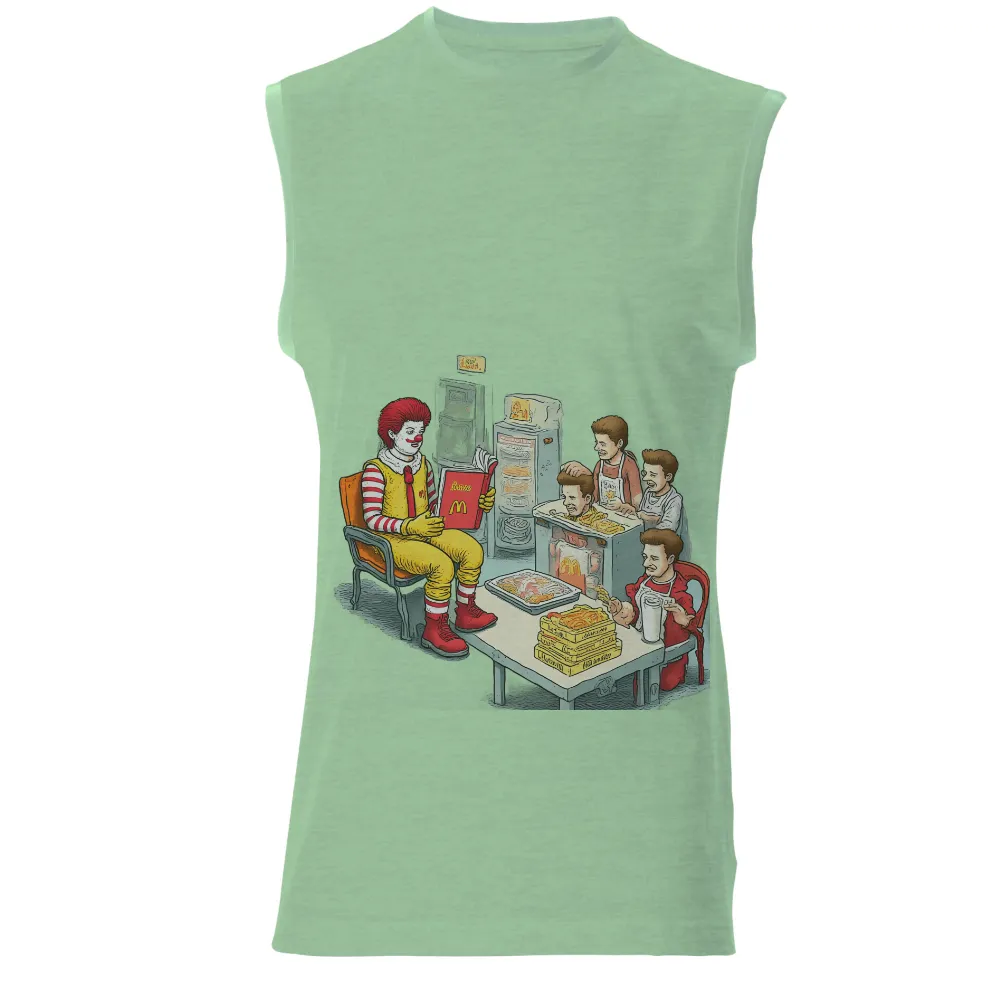 T-Shirts Design: Nostalgic Fast Food Diner with Clown Reading| young workers