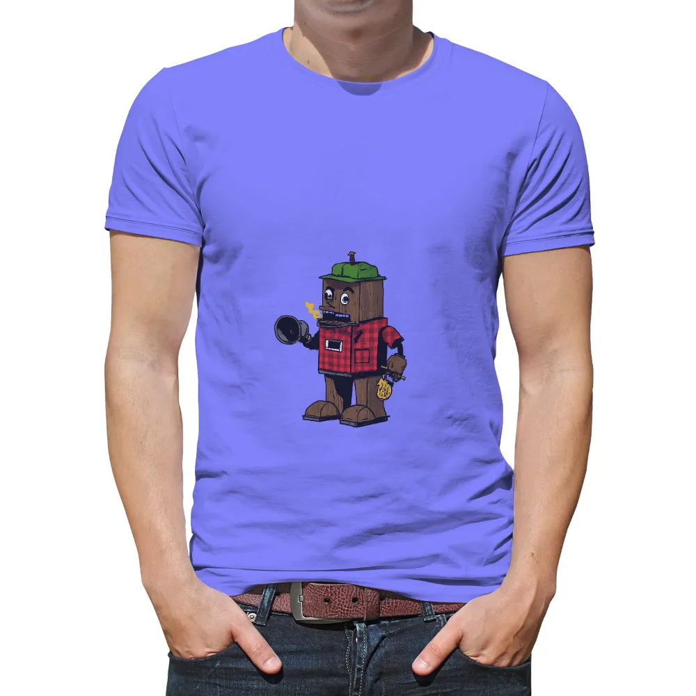 Graphic Tees: Woody the Robot - Vintage Lumberjack Fusion| whimsical robot