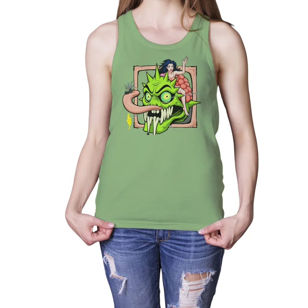 T-Shirts Design: Monster & Serene Woman - Pop Culture Tees|green spiky monster