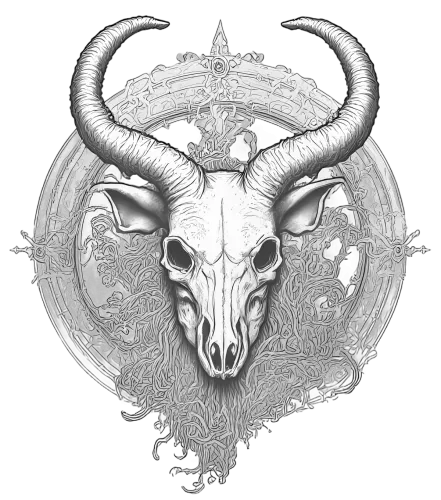 Monochrome Graphic with Intricate Skull, Horns, and Headdress Art