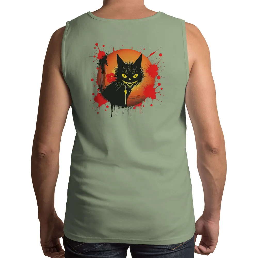 T-Shirts Pattern: Black Cat & Blood-Red Moon - Artistic Design| red paint splatters