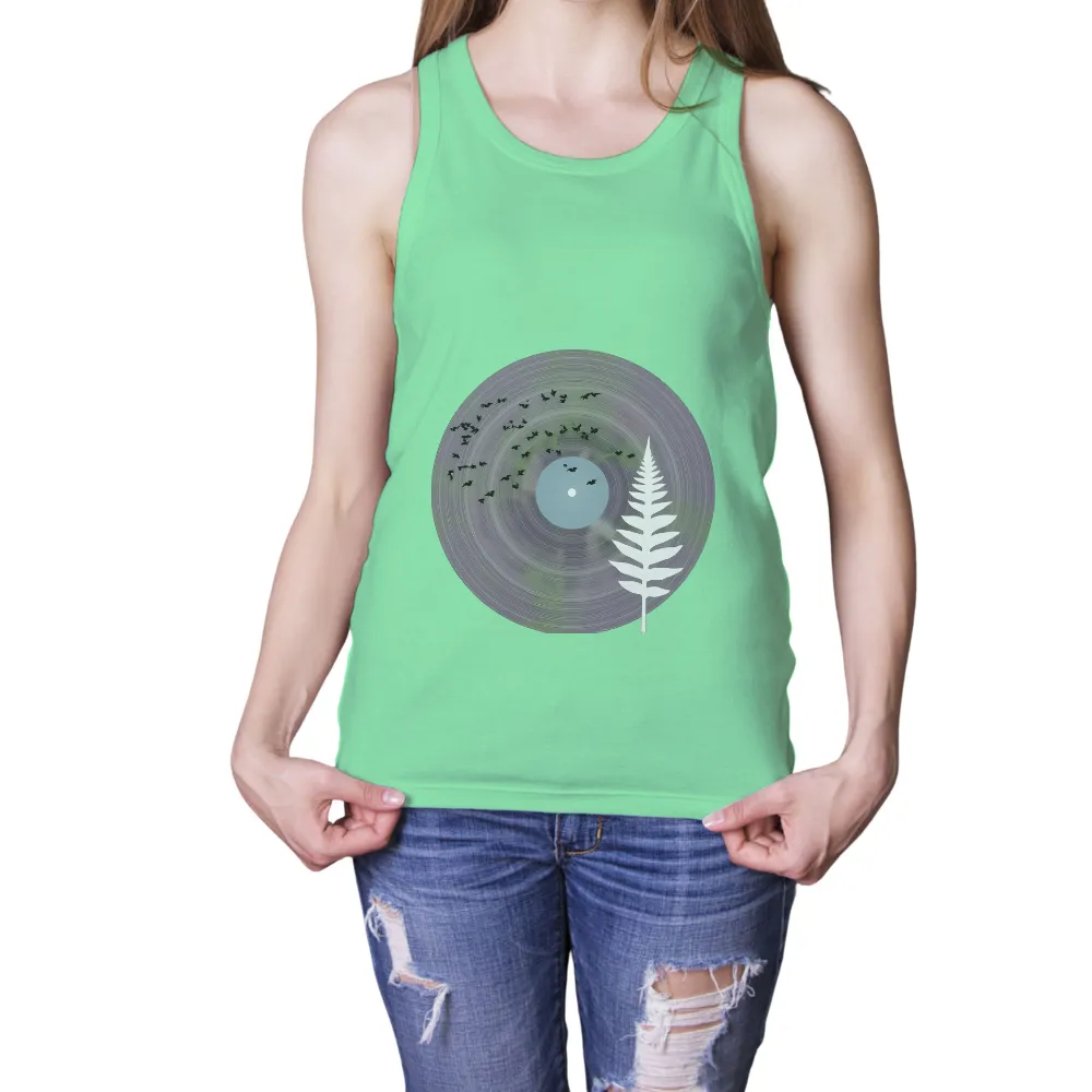 TShirt Printing: Nature's Symphony - Vinyl Record & Birds in Flight| Fern leaf on a vinyl record