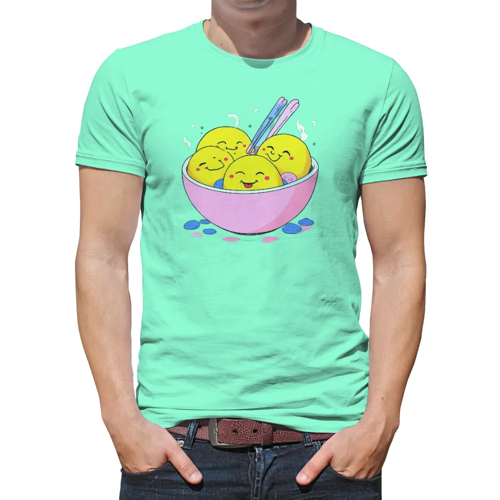 Custom Tee Shirts: Joyful Dumplings in a Pink Bowl|smiling yellow dumplings