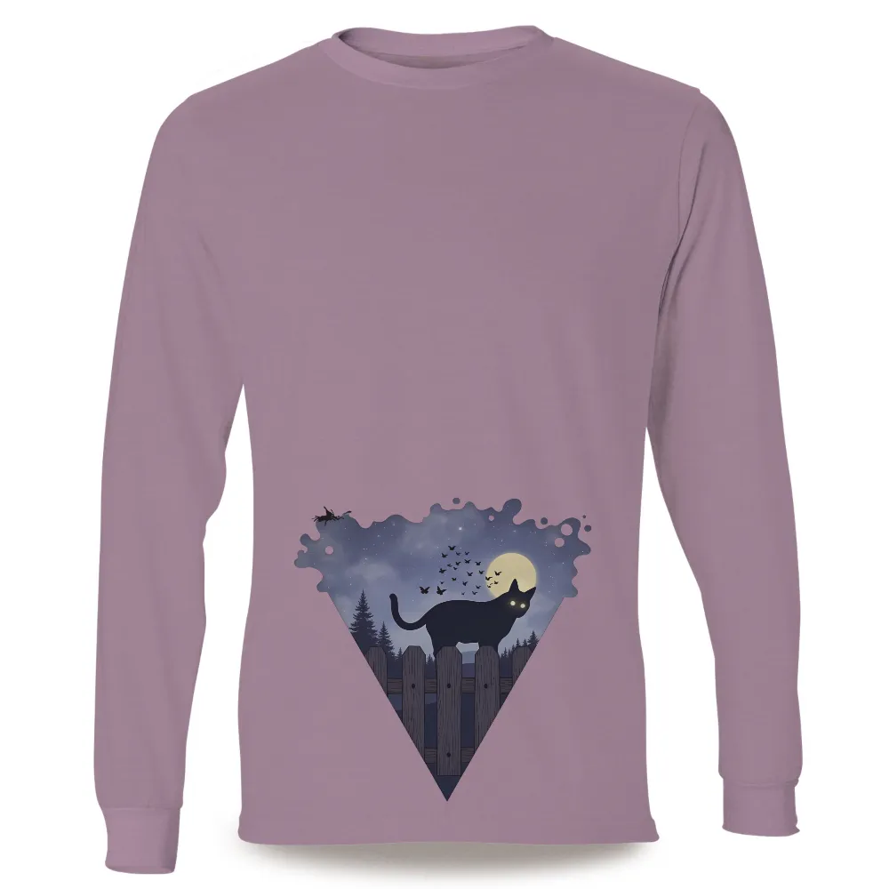 Tee Shirts Printed: Black Cat Guardian Under the Full Moon| starry night sky