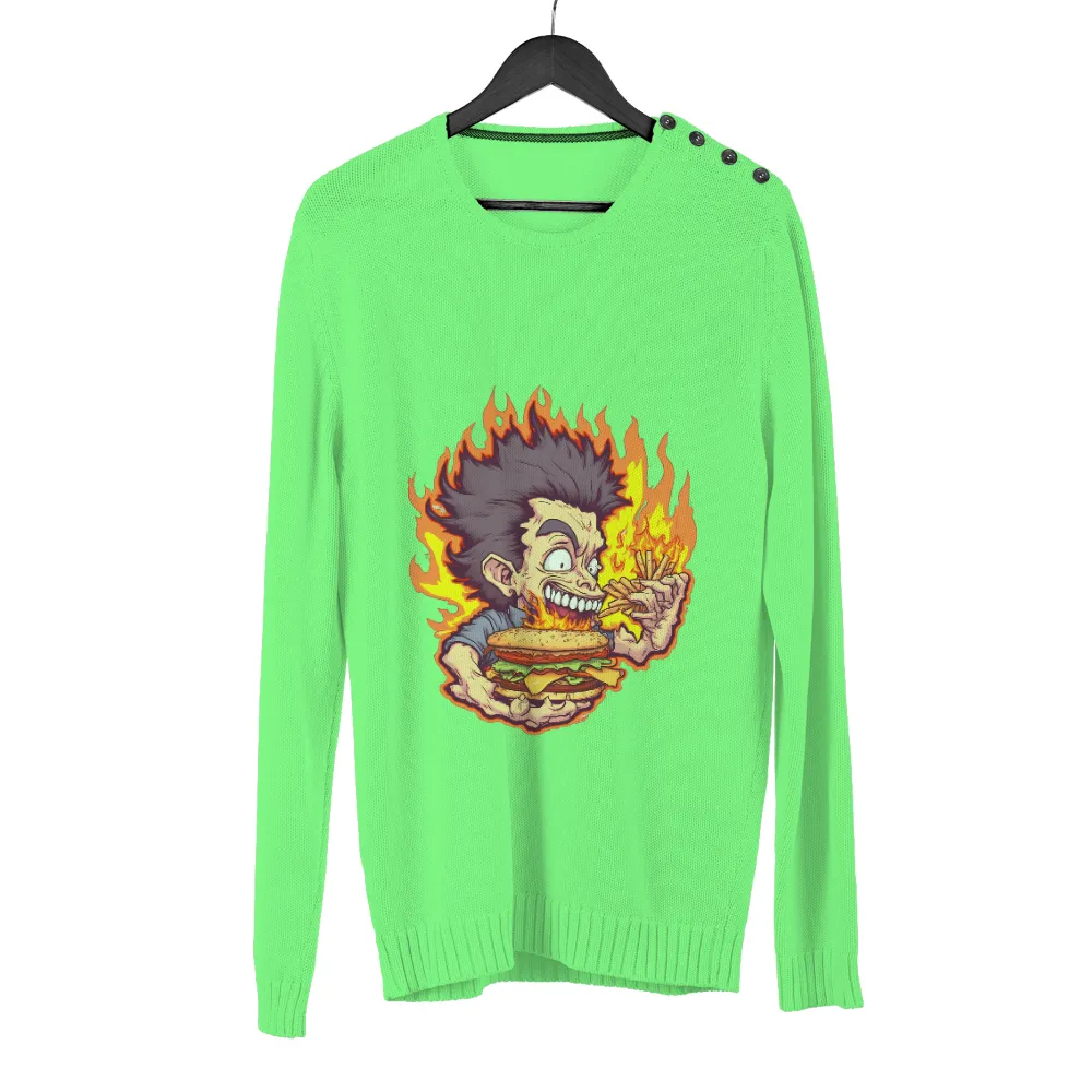 Customized Tee Shirts: Reckless Fun with Flames and Burger| Character with burning fries